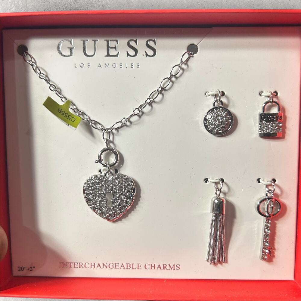 New Guess Interchangeable Charm Necklace Set Silver‎ Heart Key Lock Medium
